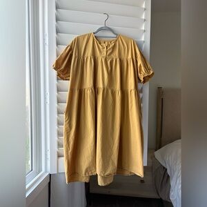 Midi short sleeve Mustard turmeric Yellow tiered cotton Dress large oversized